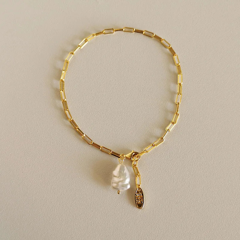 925 Silver Natural Pearl Bracelet for Women Wide Chain Jewelry Gift