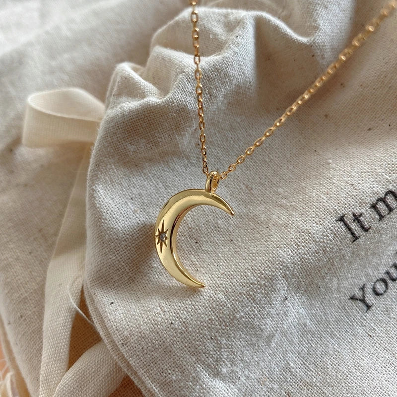 925 Silver Moon Pendant Necklace Zircon Star Charm