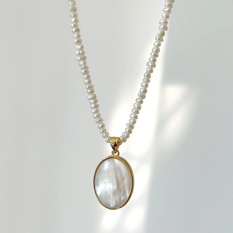 925 Silver Oval Shell Pearl Pendant Necklace for Women