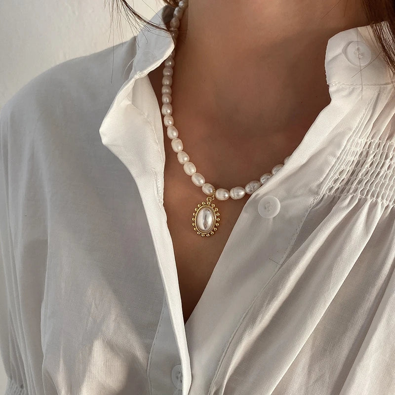 925 Silver Pearl Chain Water Drop Pendant Necklace French Style Office Jewelry