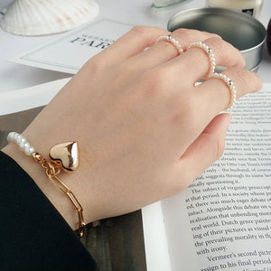 925 Silver Pearl Heart Bracelet Wide Chain Temperament Jewelry