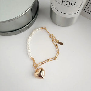 925 Silver Pearl Heart Bracelet Wide Chain Temperament Jewelry