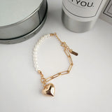 925 Silver Pearl Heart Bracelet Wide Chain Temperament Jewelry