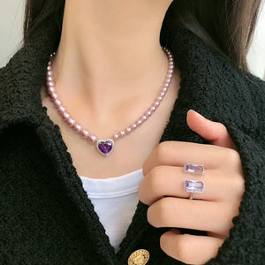 925 Silver Purple Pearl Heart Necklace for Women Christmas Jewelry