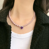 925 Silver Purple Pearl Heart Necklace for Women Christmas Jewelry