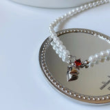 925 Silver Red Zircon Heart Pearl Pendant Necklace for Women