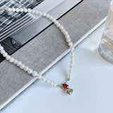 925 Silver Red Zircon Heart Pearl Pendant Necklace for Women