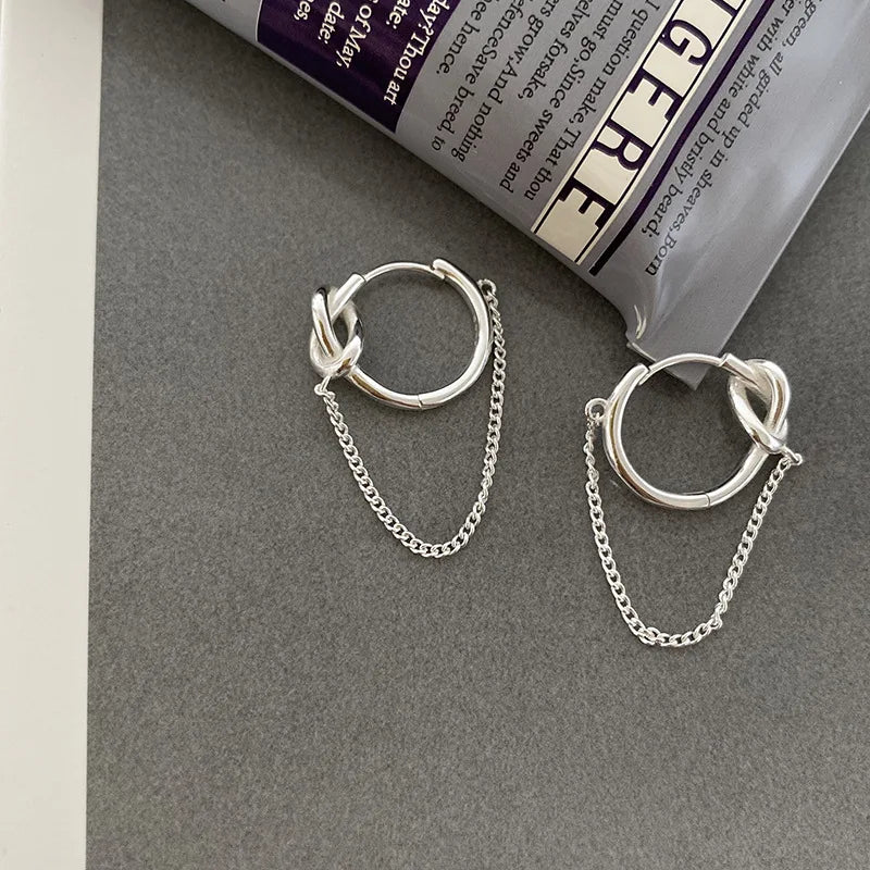 925 Silver Rope Knot Tassel Hoop Earrings Chain Tie A Knot Earrings Women