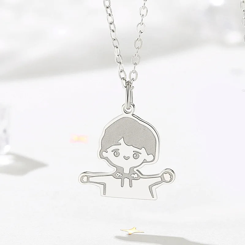 925 Silver Cartoon Couple Pendant Necklace Childhood Sweetheart
