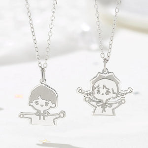 925 Silver Cartoon Couple Pendant Necklace Childhood Sweetheart