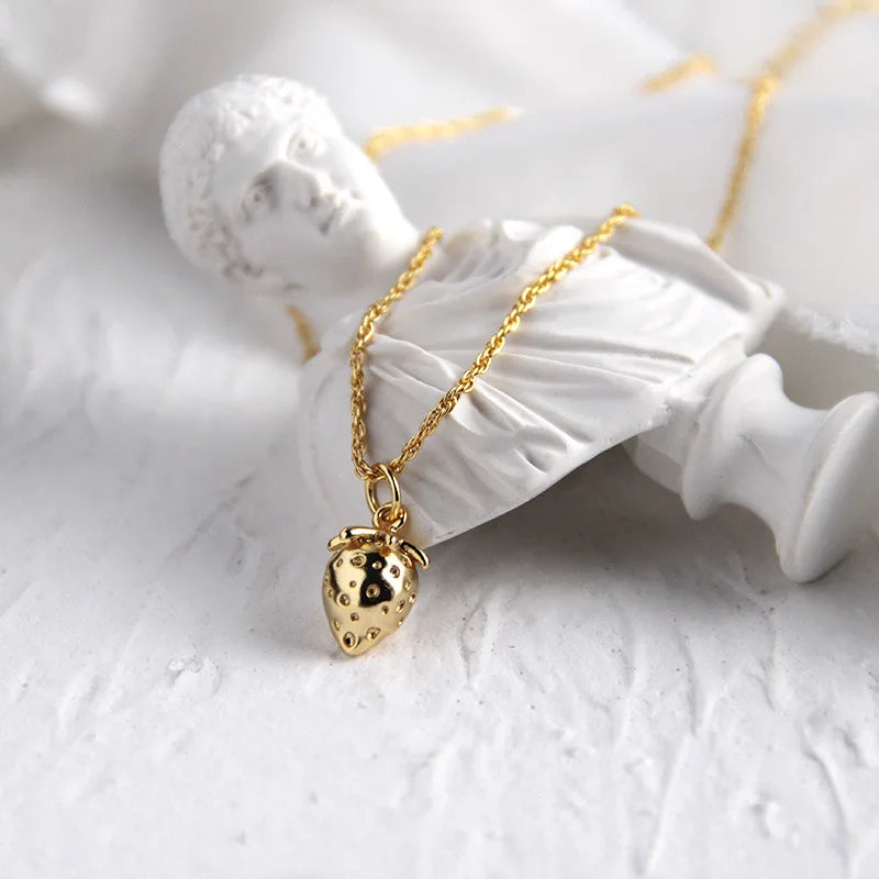 925 Silver Strawberry Pendant Necklace Double Chain Top Jewelry