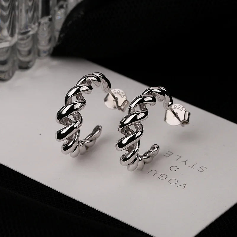 925 Silver Spiral Weave Stud Earrings Women Twist Line Western Style Jewelry