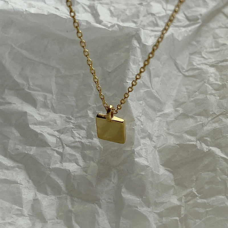 925 Silver Square Charm Necklace Glossy Choker for Women