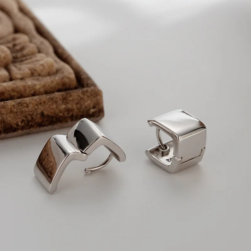 925 Silver Square Earrings Gloss Minimalist Studs for Women Office