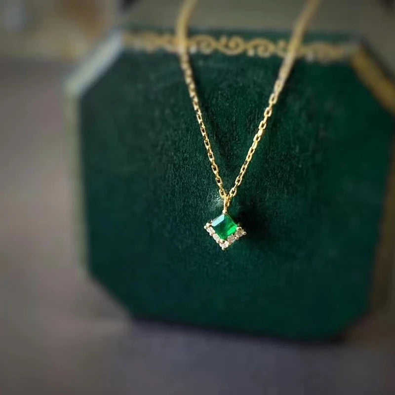 925 Silver Square Emerald Necklace Vintage Pendant for Women