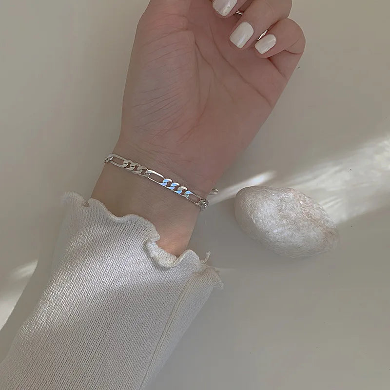 925 Silver Square Letter Bracelet Wide Chain Minimalist Office Jewelry