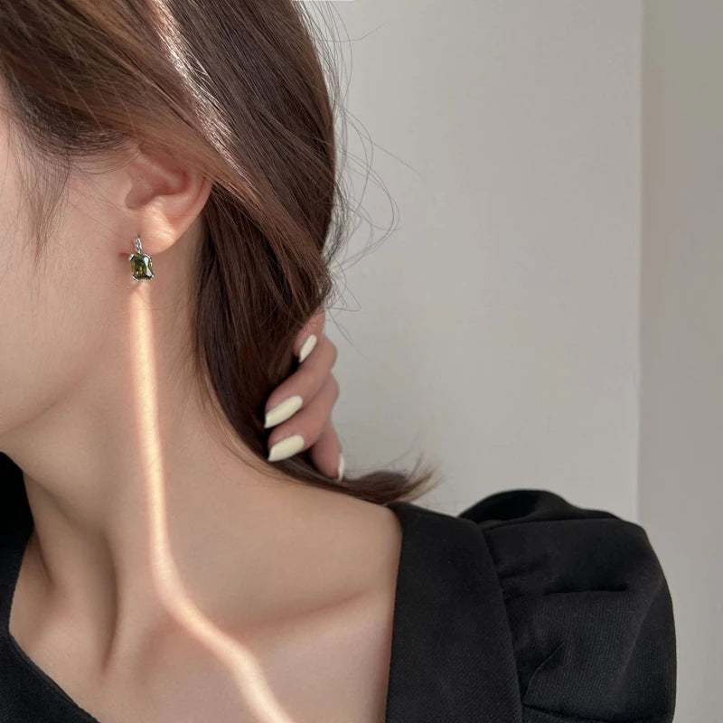 925 Silver Green Zircon Hoop Earrings Vintage Texture Punk Jewelry