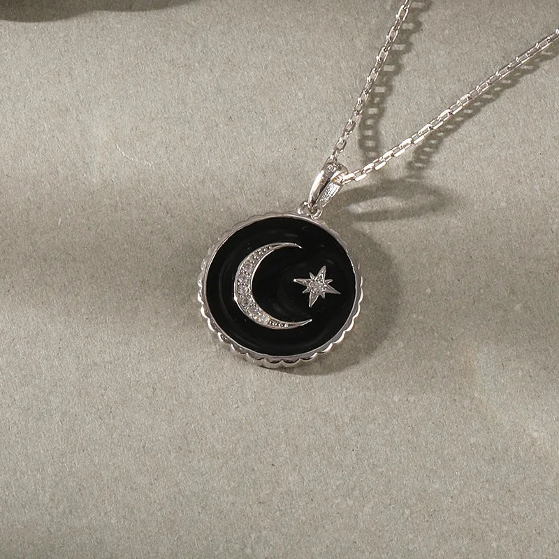 925 Silver Star Moon Zircon Pendant Necklace Gear Temperament