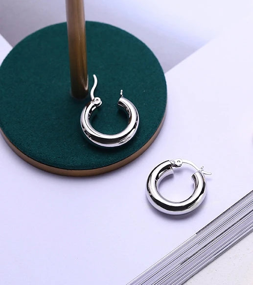 925 Silver Thick Hollow Tube Hoop Earrings Glossy Minimalist Style