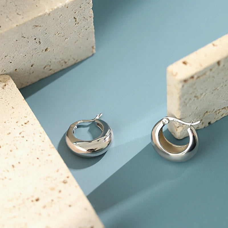925 Silver Thick Round Hoop Earrings Glossy Top Earrings for Women