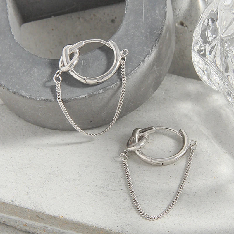 925 Silver Knot Chain Hoop Earrings Tassel Aesthetics Jewelry