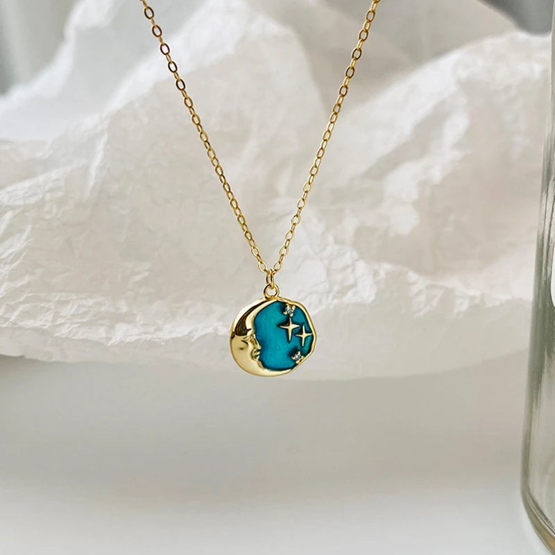 925 Silver Zircon Enamel Star Moon Necklace Pendant for Women