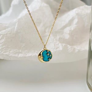 925 Silver Zircon Enamel Star Moon Necklace Pendant for Women