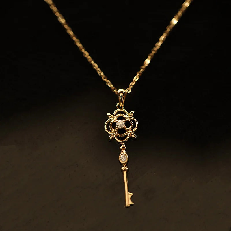 925 Silver Zircon Key Pendant Necklace 14K Light Womens Jewelry