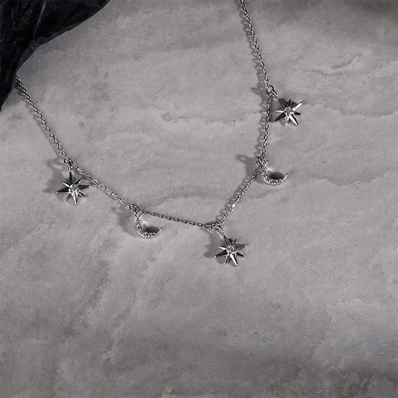 925 Silver Zircon Moon Star Choker Necklace Light Jewelry for Women
