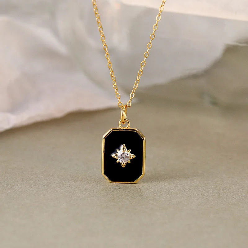 925 Silver Zircon Square Pendant Necklace Star Light Minimalist Jewelry