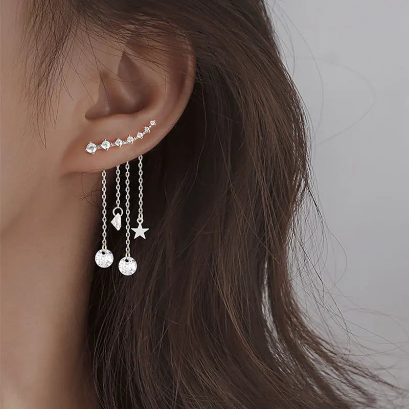 925 Silver Zircon Tassel Earrings Long Chain Bohemia Jewelry