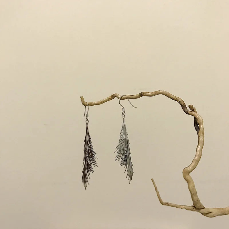 925 Silver Leaf Tassel Drop Earrings Long Pendant Frosty Style Jewelry