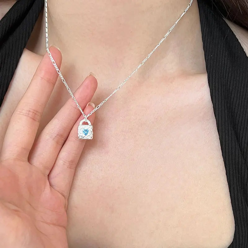 925 Silver Zircon Heart Lock Pendant Necklace for Women