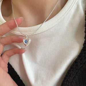 925 Silver Zircon Heart Pendant Necklace for Women Concave Minimalist Jewelry