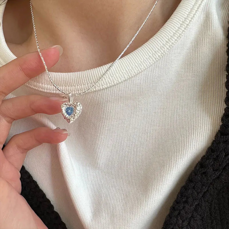 925 Silver Zircon Heart Pendant Necklace for Women Concave Minimalist Jewelry