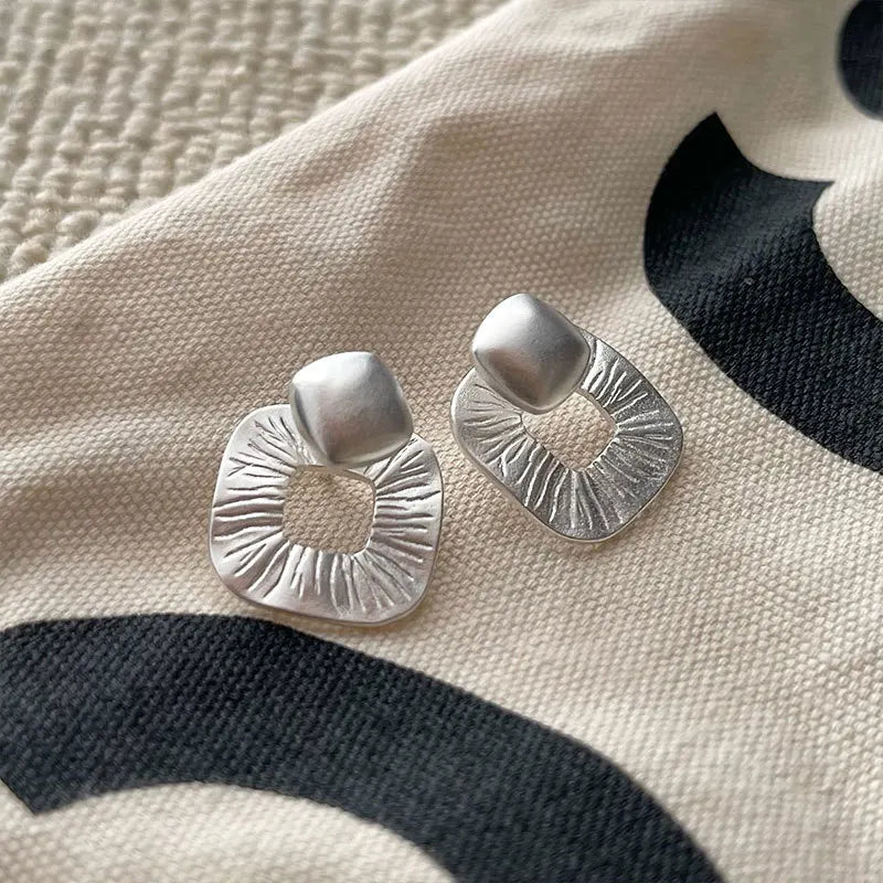 925 Silver Square Stud Earrings for Women, Irregular Texture, Openwork