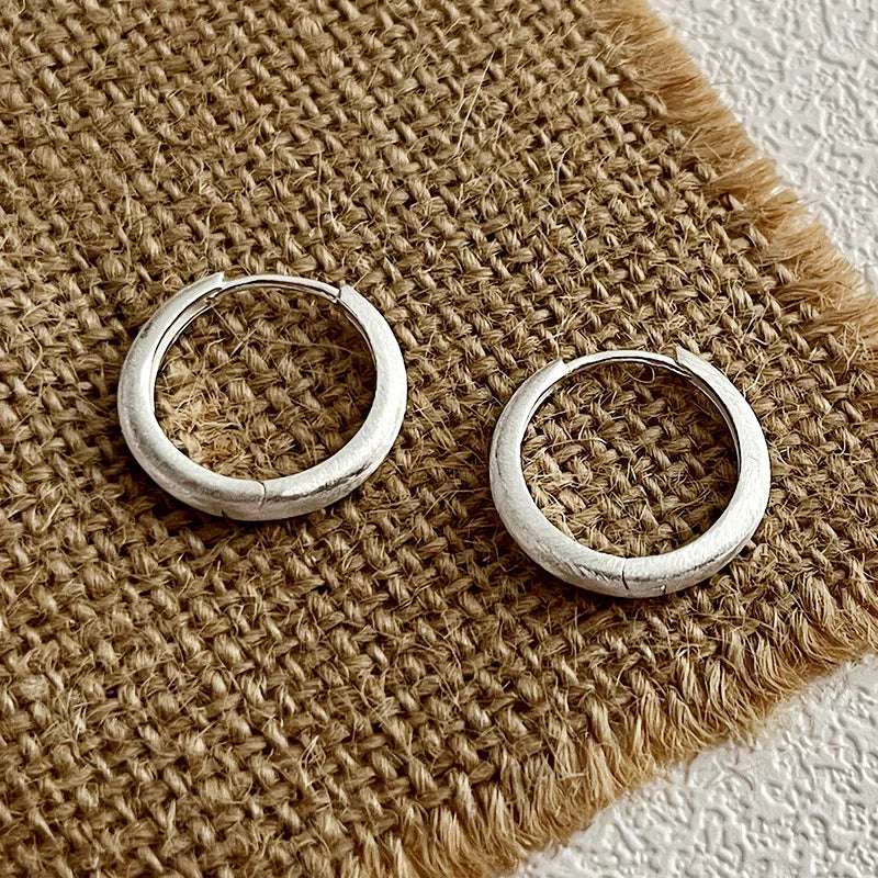 925 Silver Matte Round Hoop Earrings for Women Minimalist Jewelry