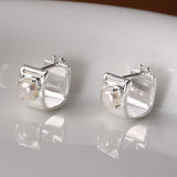 925 Silver Pearl Square Stud Earrings French Minimalist Fine Jewelry