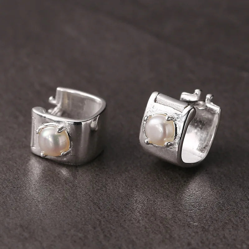 925 Silver Pearl Square Stud Earrings French Minimalist Fine Jewelry