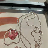 925 Silver Pink Zircon Strawberry Heart Pendant Necklace for Women