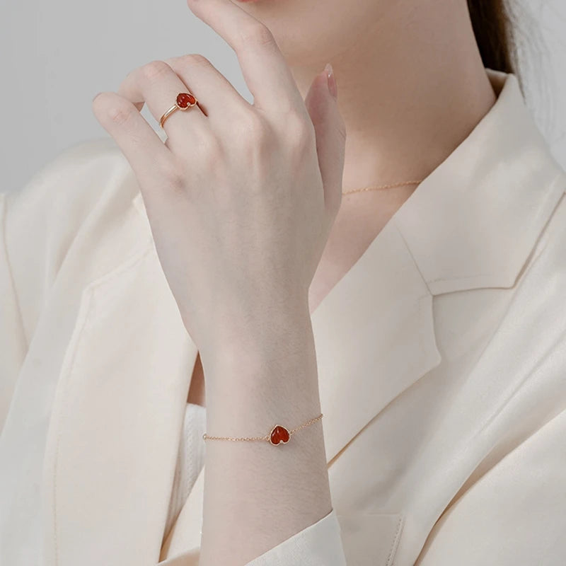 925 Silver Red Agate Heart Bracelet for Women
