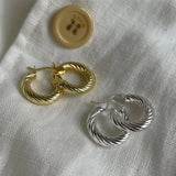 925 Silver Twill Texture Hoop Earrings Thick Round Earrings Fine Jewelry