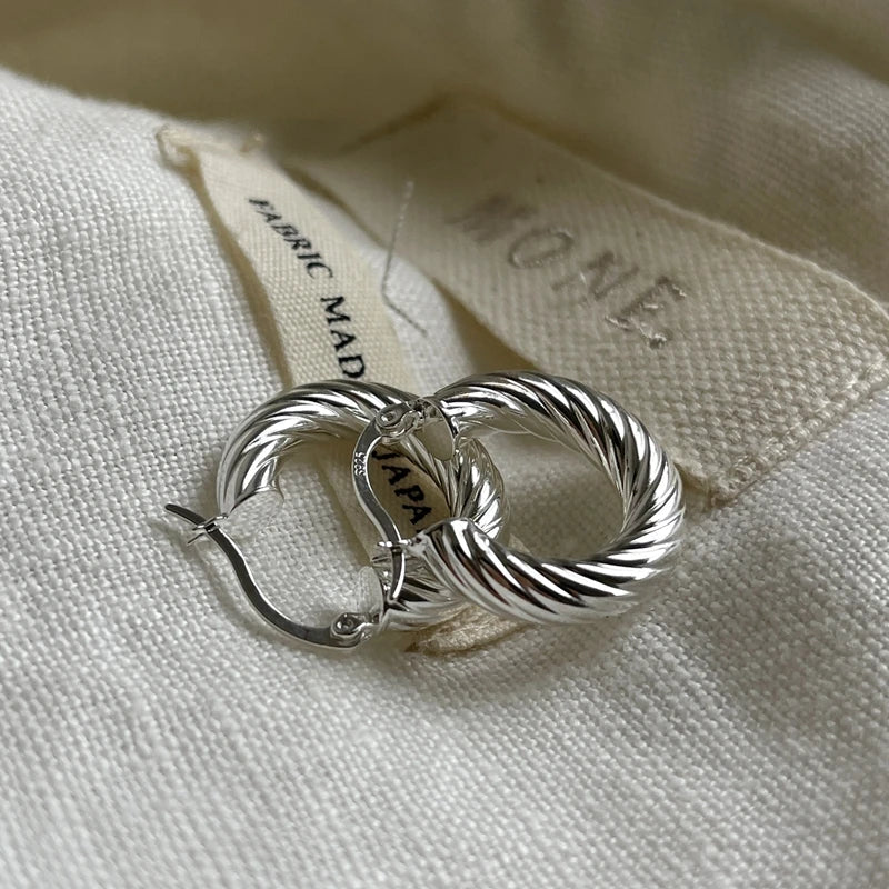 925 Silver Twill Texture Hoop Earrings Thick Round Earrings Fine Jewelry