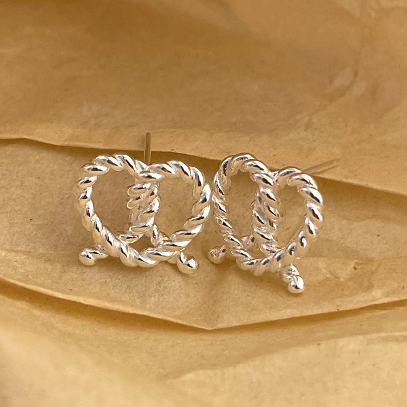 925 Silver Twist Heart Stud Earrings Tie A Knot Openwork Fine Jewelry