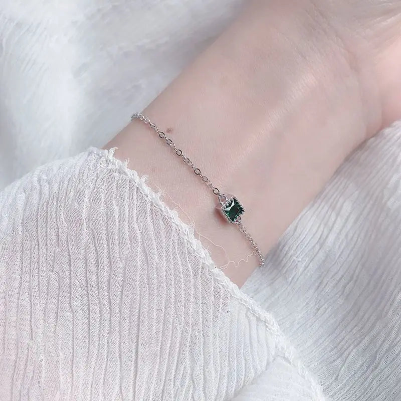 Green Zircon 925 Silver Square Bracelet for Women