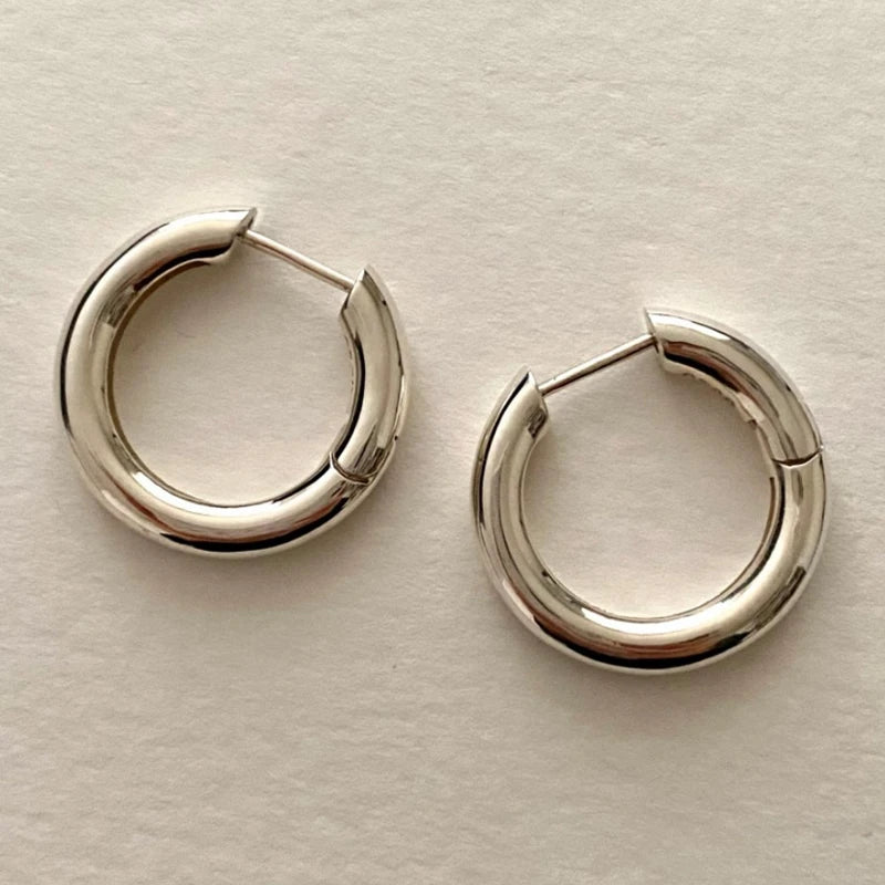 925 Sterling Silver 3mm Thick Hoop Earrings Women Glossy Office Jewelry