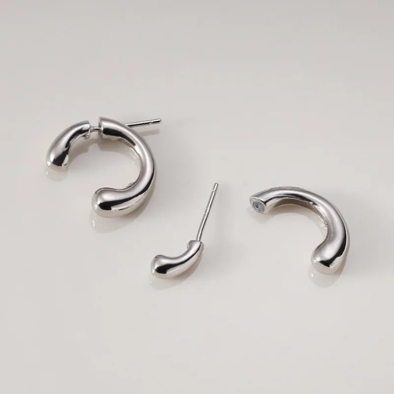 925 Silver C Shape Stud Earrings Women Glossy Removable Aesthetics Jewelry