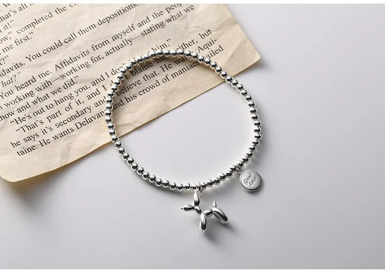 925 Silver Balloon Dog Bracelet Bead Chain Elastic Rope Birthday Jewelry