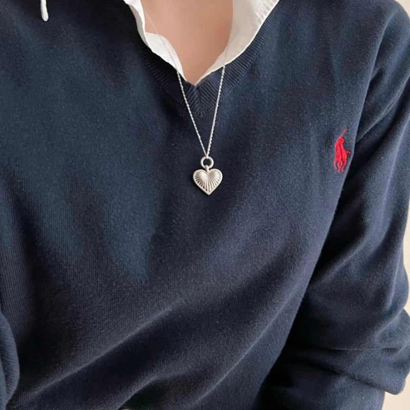 925 Silver Bead Chain Heart Pendant Necklace for Women Round INS Style
