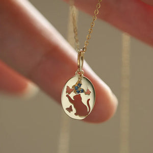 925 Silver Cat Catch Butterfly Pendant Necklace Women Unique Jewelry